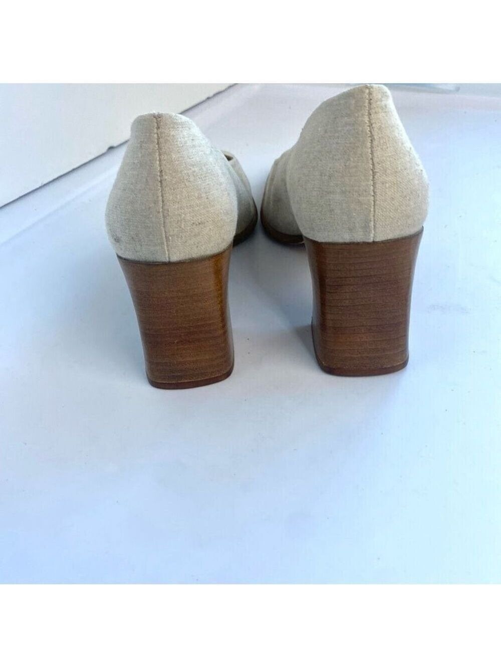 Nine West Beige Tan Linen Like Fabric Shoes Pump Square Toe Wood Block Heel Wome - Picture 10 of 11